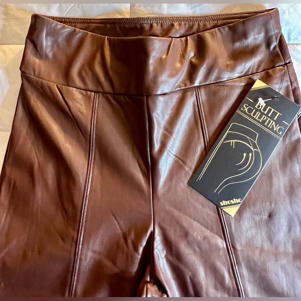 NWT ShoSho Brown faux leather, butt shaping leggings/pants. Women’s size Medium. - Picture 2 of 8